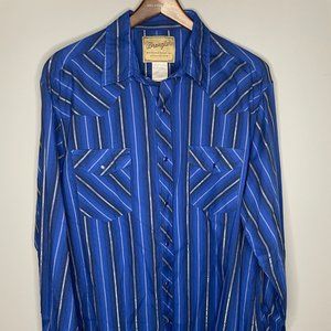 Wrangler Western Fashion Snap Shirt, Blue Striped, Size XL
